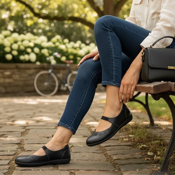 Earth Origins Black Perforated Florence Mary Jane Comfort Walking Shoes Size 7 - Picture 2 of 14